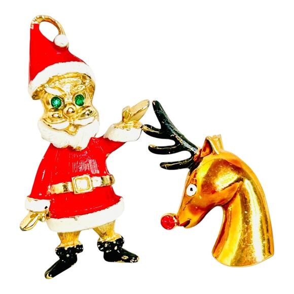Vintage Mid Century Christmas Theme Santa Claus and Rudolph Brooch Pins - Picture 3 of 3